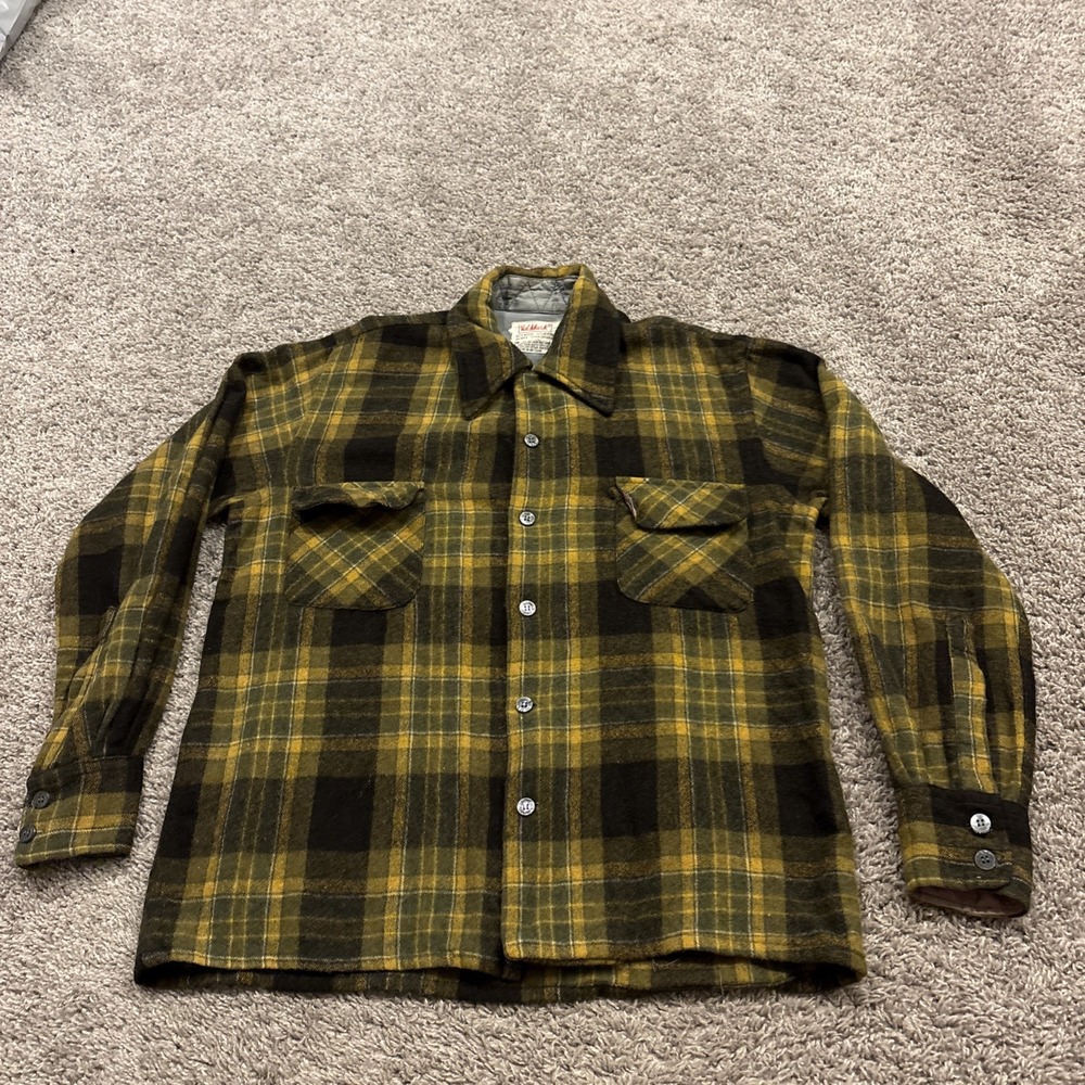 True Vintage 1960s 70s Val Mark Blue Wool Flannel Shirt Mens M Loop Collar Plaid
